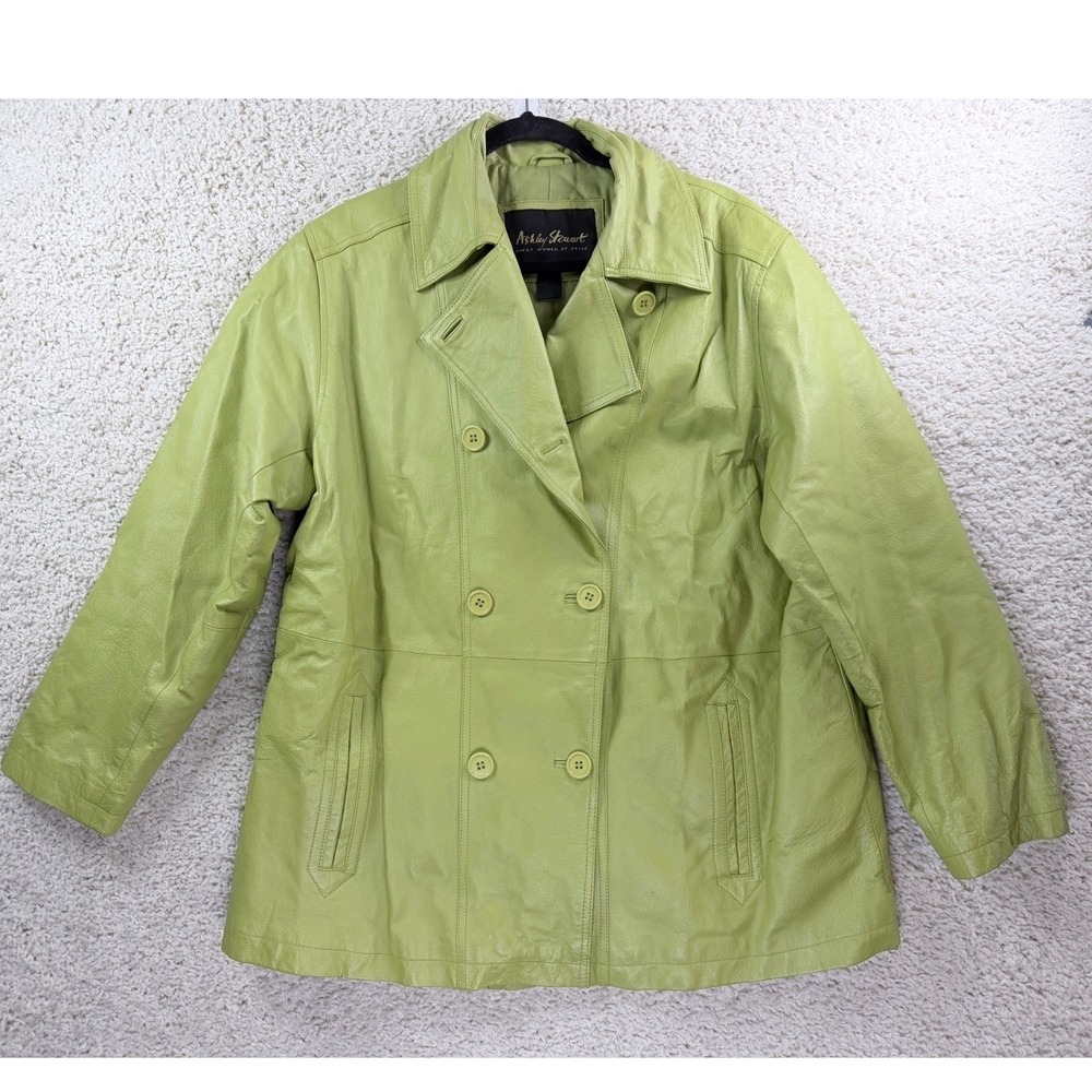 Ashley Stewart Leather Jacket Women 2XL Green Good Double Breasted Pea‎ Coat